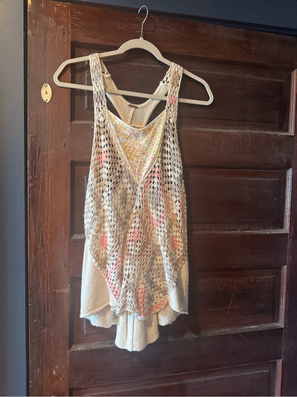Free People Crochet Overlay Tank Top in Cream with Pink Accents